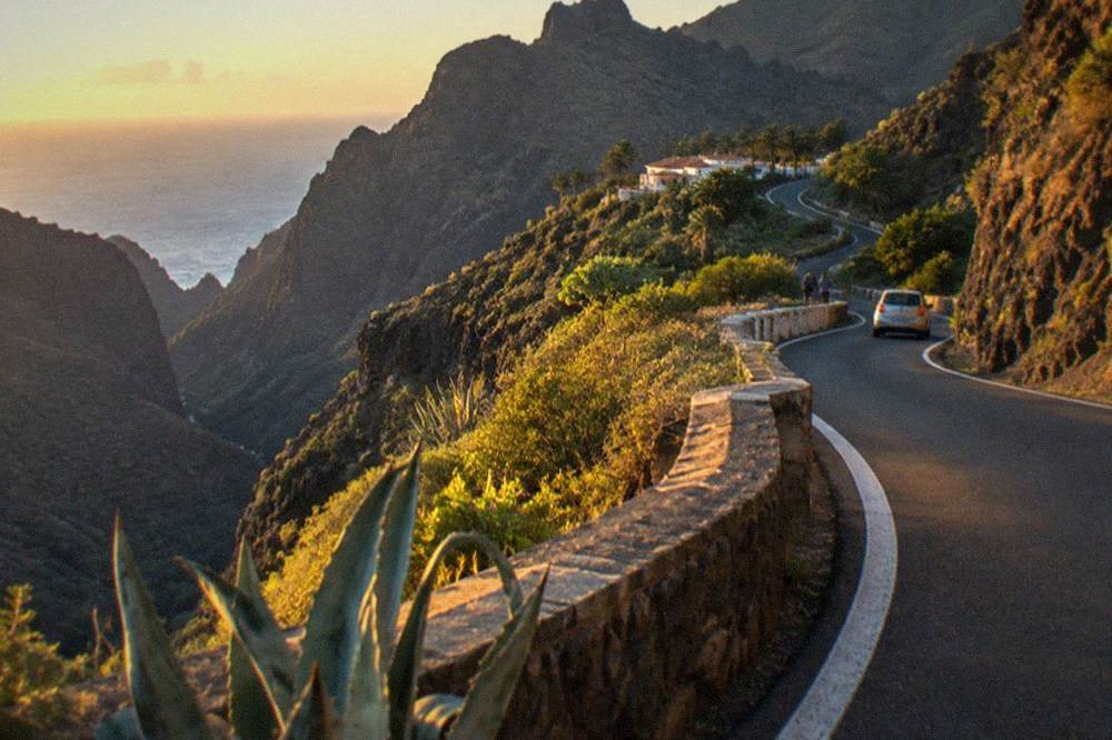 A winding coastal road with dark volcanic cliffs dropping into the Atlantic
