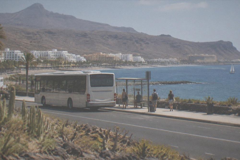 An island bus at a stop near Los Cristianos in southern Tenerife