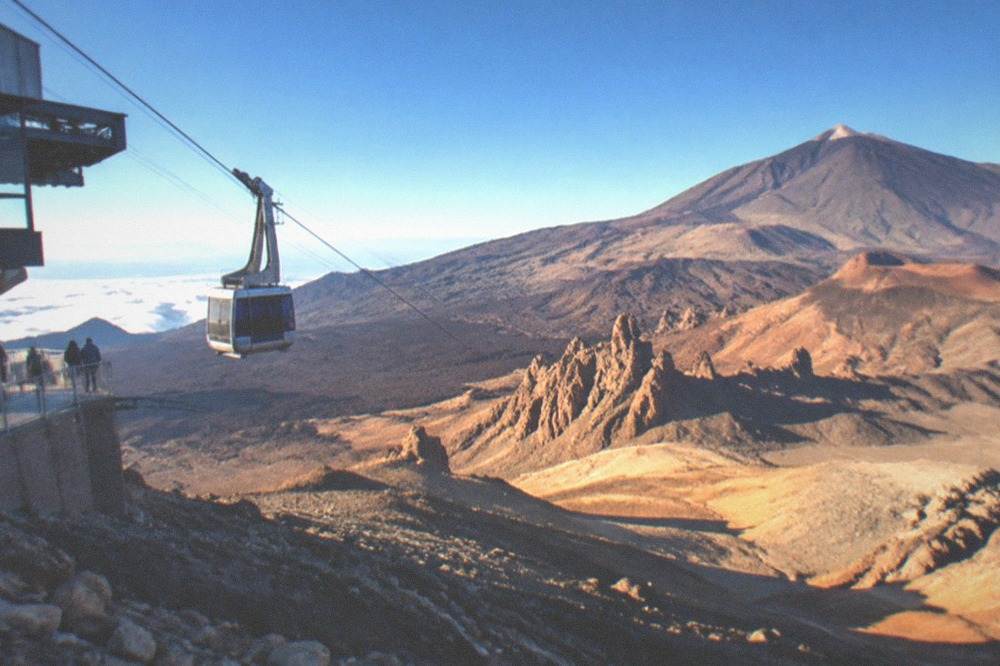 The cable car station on the slopes of Mount Teide above a volcanic landscape