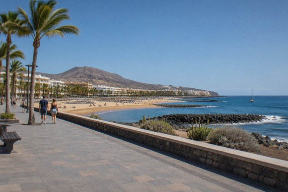 A wide paved promenade beside a calm Tenerife beach with palm trees and level access to the sand
