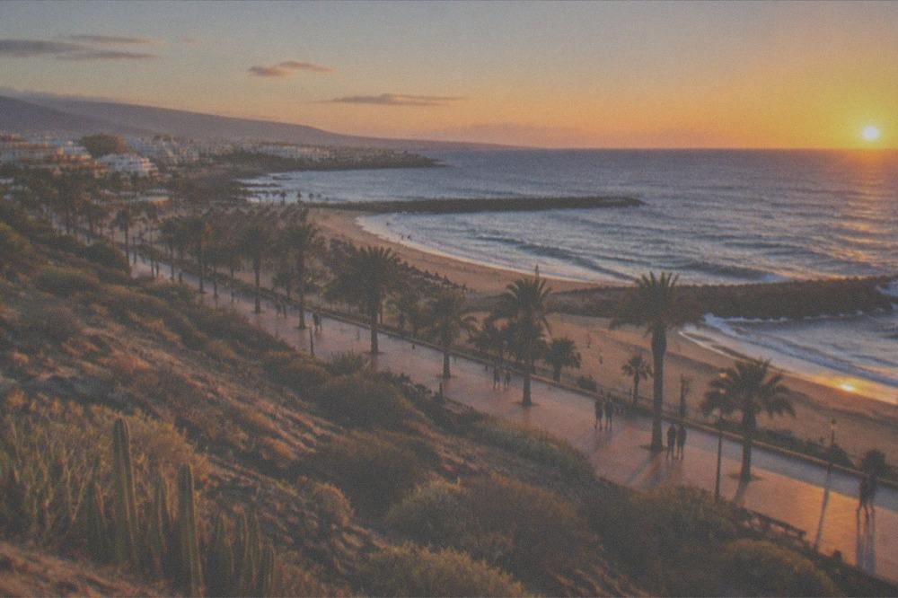 A flat resort promenade at sunset with pedestrians and palm trees along the seafront