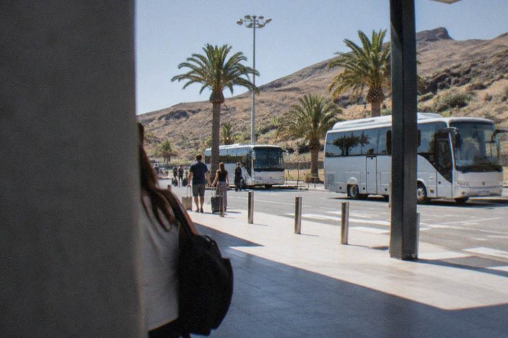 A Tenerife airport terminal forecourt in bright sunshine with palm trees and coaches waiting at the kerb