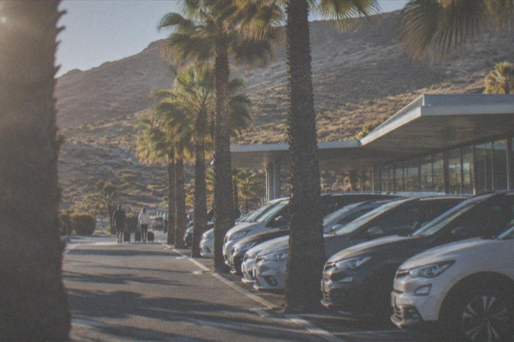 A row of hire cars parked under palm trees outside an airport car hire building
