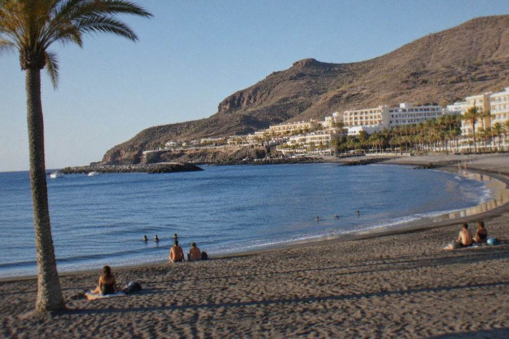 A sheltered sandy beach with calm water and palm trees in a Tenerife resort