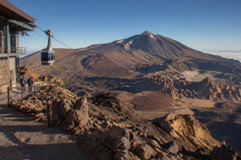 The cable car station building on the rocky slopes of Mount Teide
