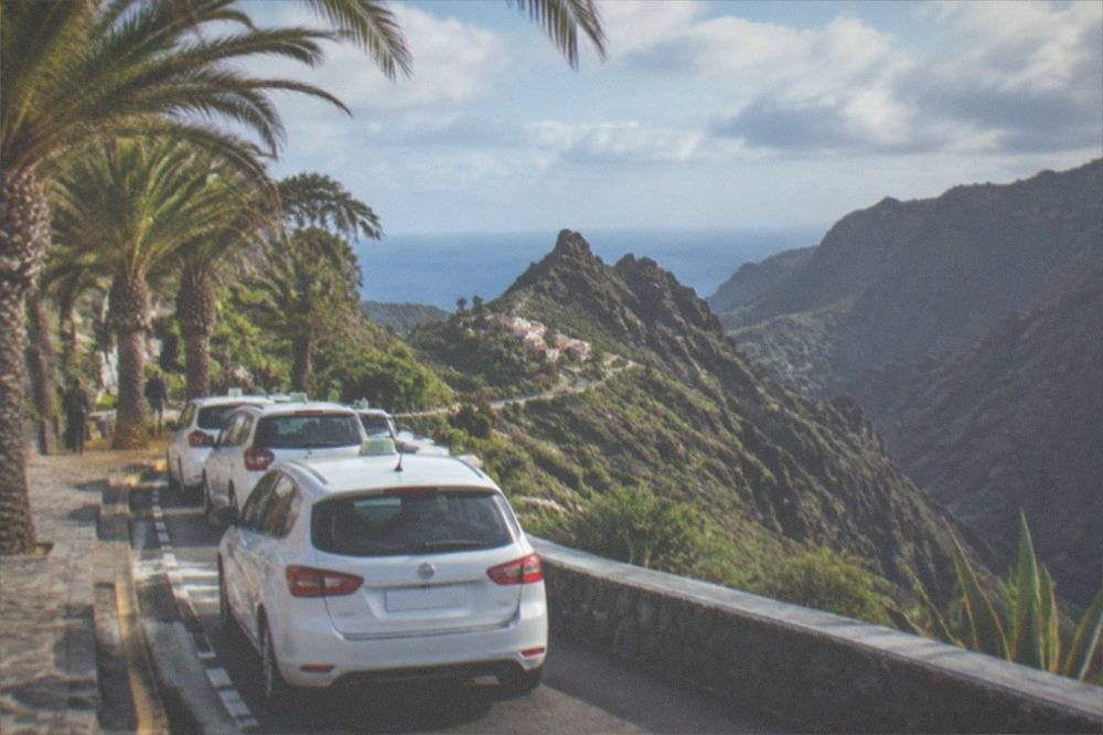 A white metered taxi rank beside a palm-lined street in a Tenerife resort town