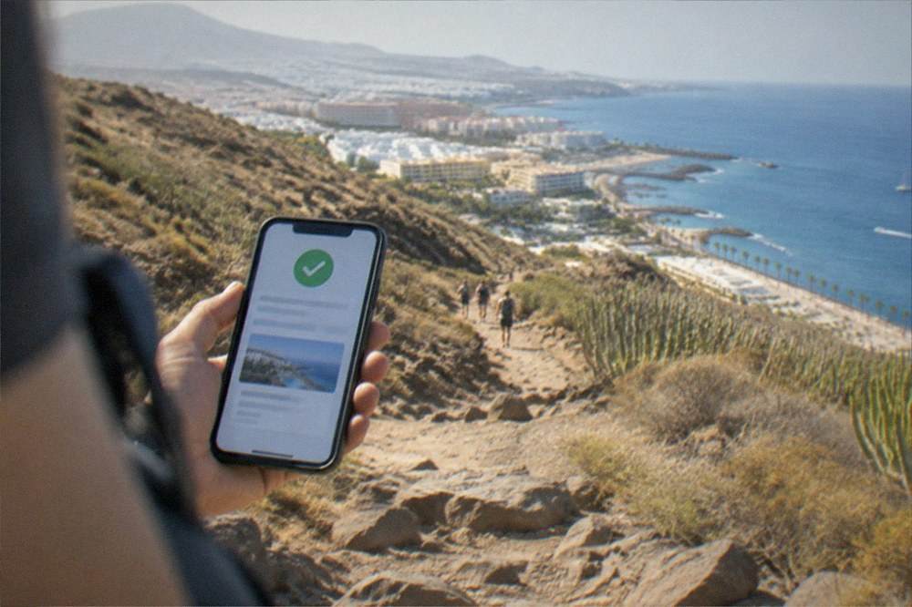 A smartphone displaying a booking confirmation screen held above a rocky mountain trail