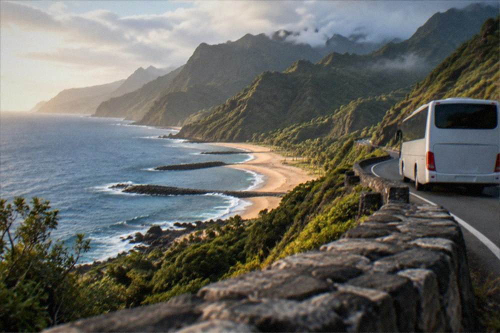 A bus on a coastal road above beaches in southern Tenerife