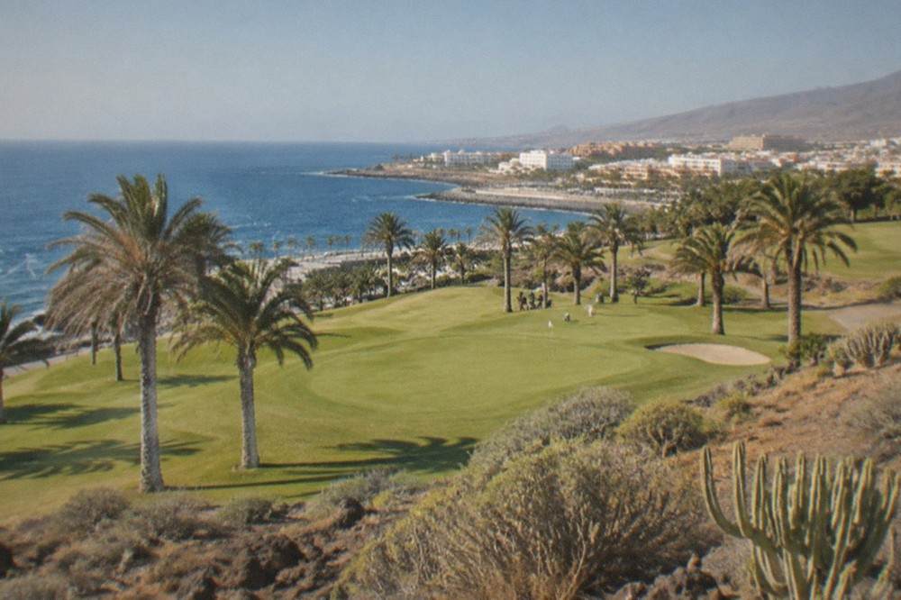 A palm-lined golf green under a clear blue sky near Costa Adeje