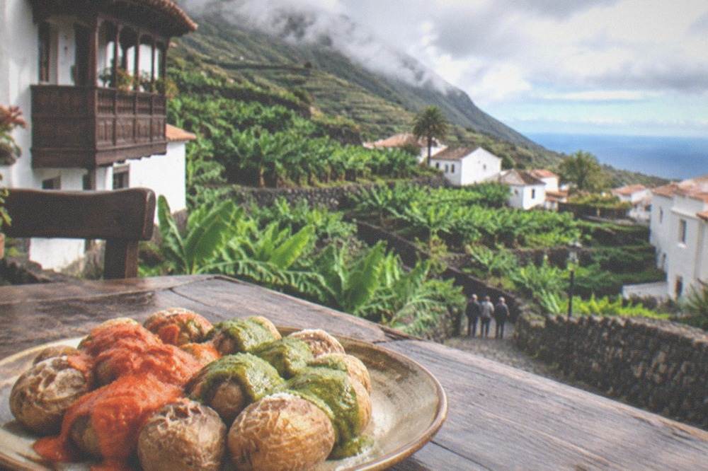 A plate of wrinkled potatoes with red and green mojo sauces on a rustic table