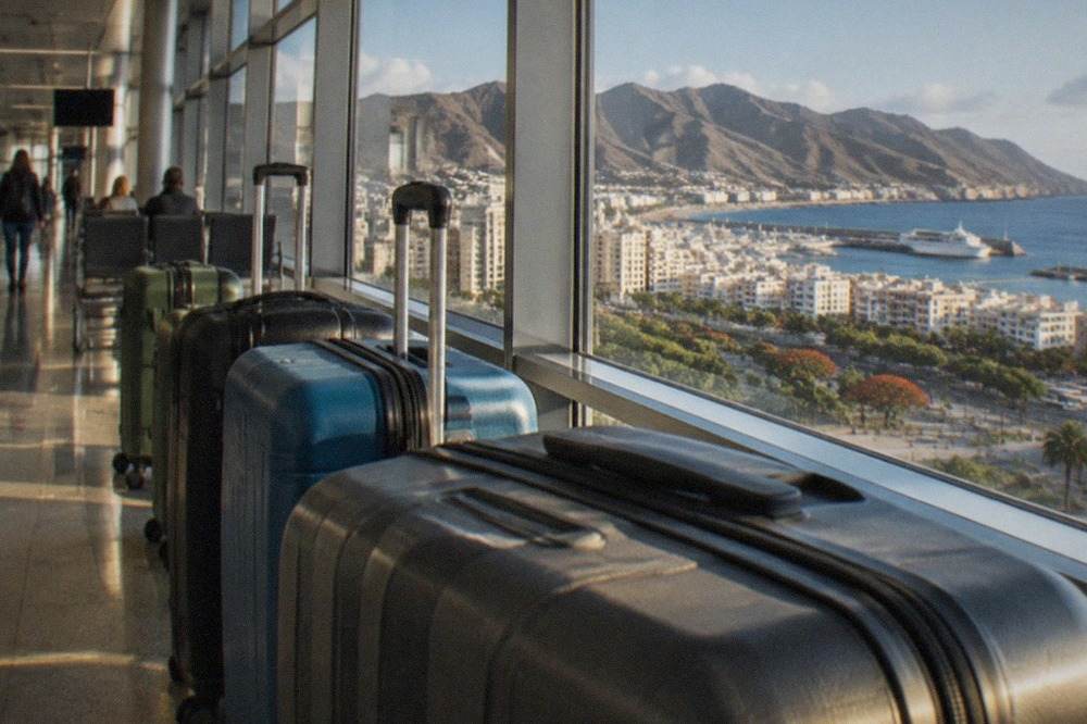 Suitcases lined up in a bright airport terminal beside large windows