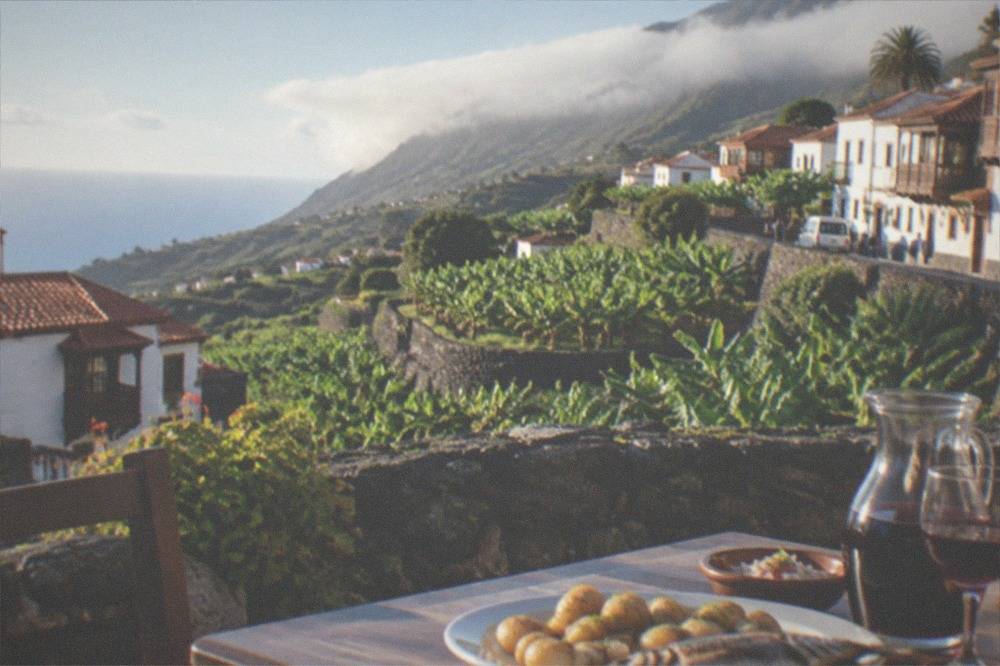 A simple restaurant table with a plate of potatoes, fish and a jug of local wine