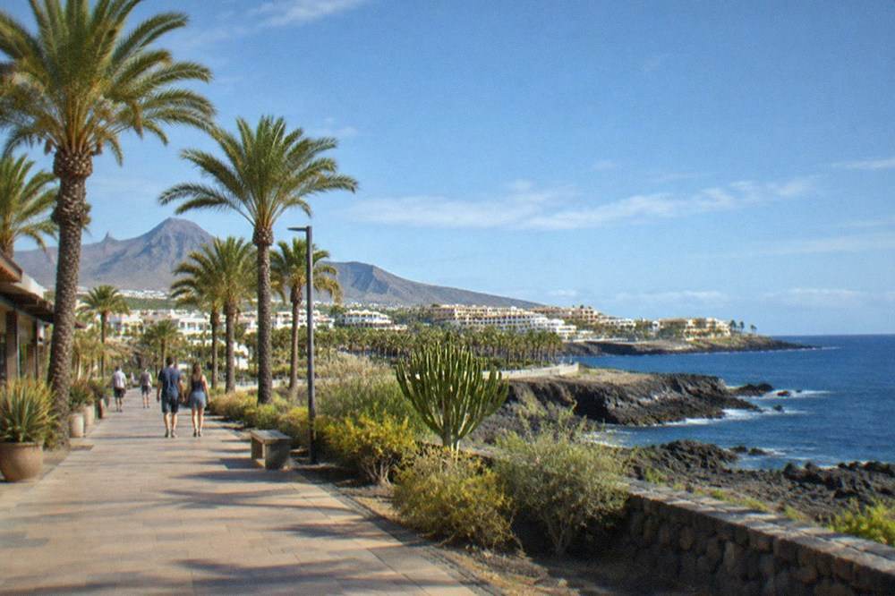 Palm-lined walkways and shopfronts in a resort shopping street in Costa Adeje