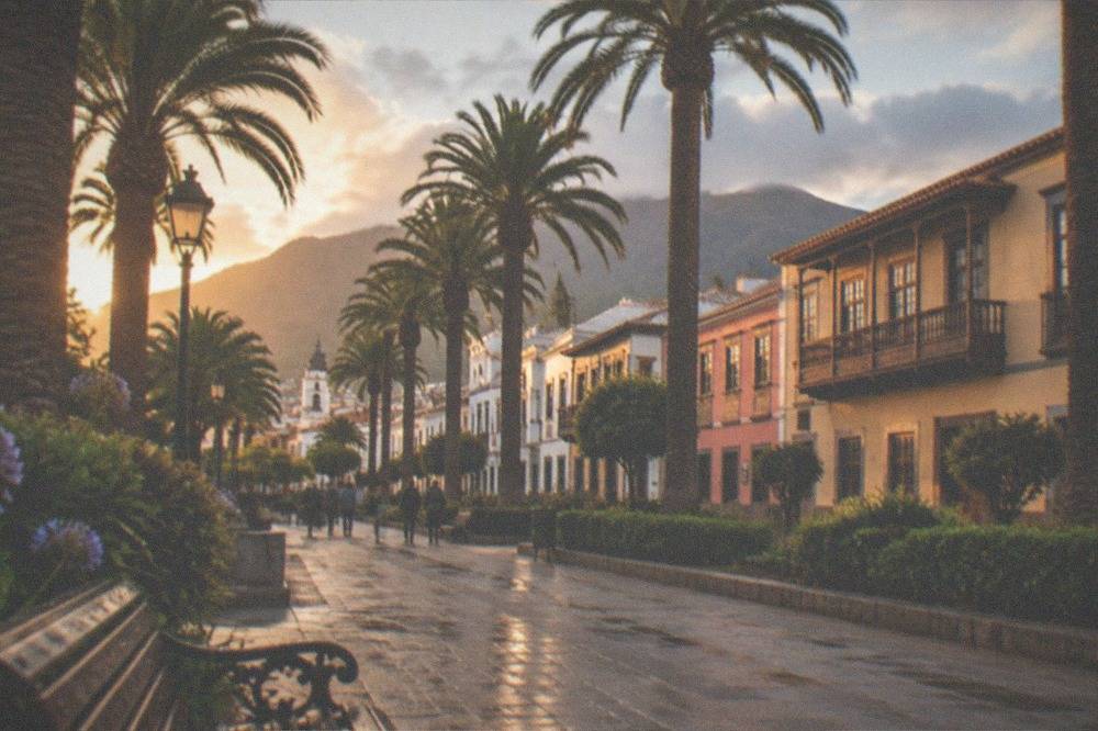A palm-lined promenade in a Tenerife resort town at golden hour