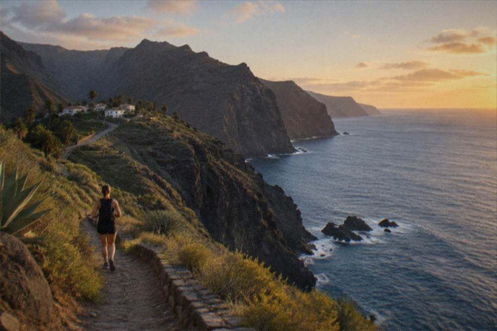 The last light of day over a calm Atlantic horizon seen from a Tenerife headland