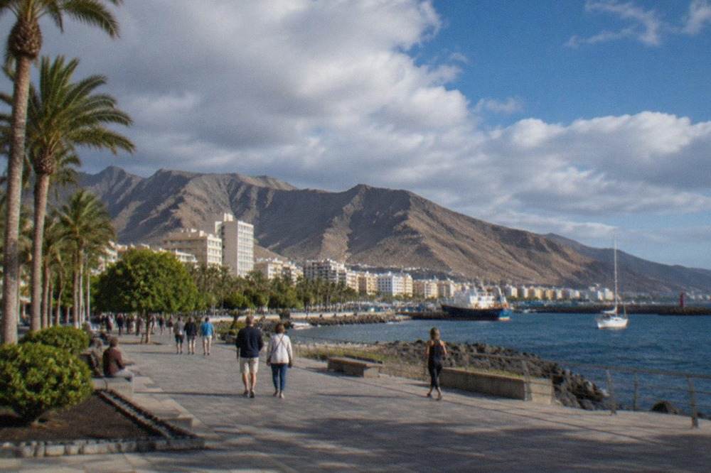 A sunny promenade in South Tenerife with palm trees and people in light clothes on a December day