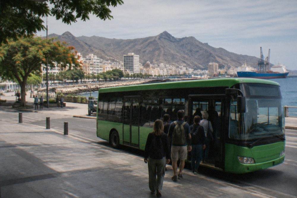 Passengers boarding a green bus at a seaside terminus in south Tenerife
