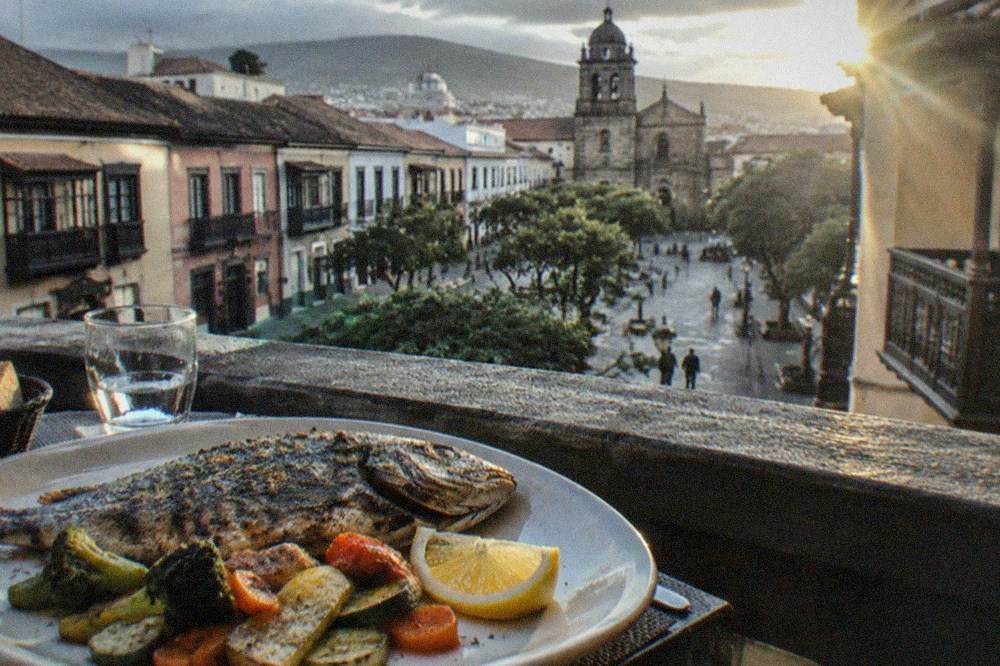 A whole grilled fish on a plate with lemon and vegetables