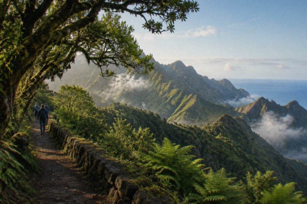 Palm-lined promenade in south Tenerife under a mostly clear sky