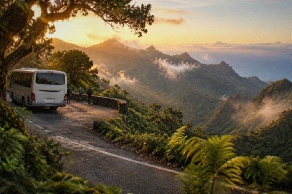 An island bus at a coastal stop with the sea behind it