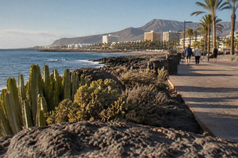 A sunny promenade on the south coast of Tenerife in winter