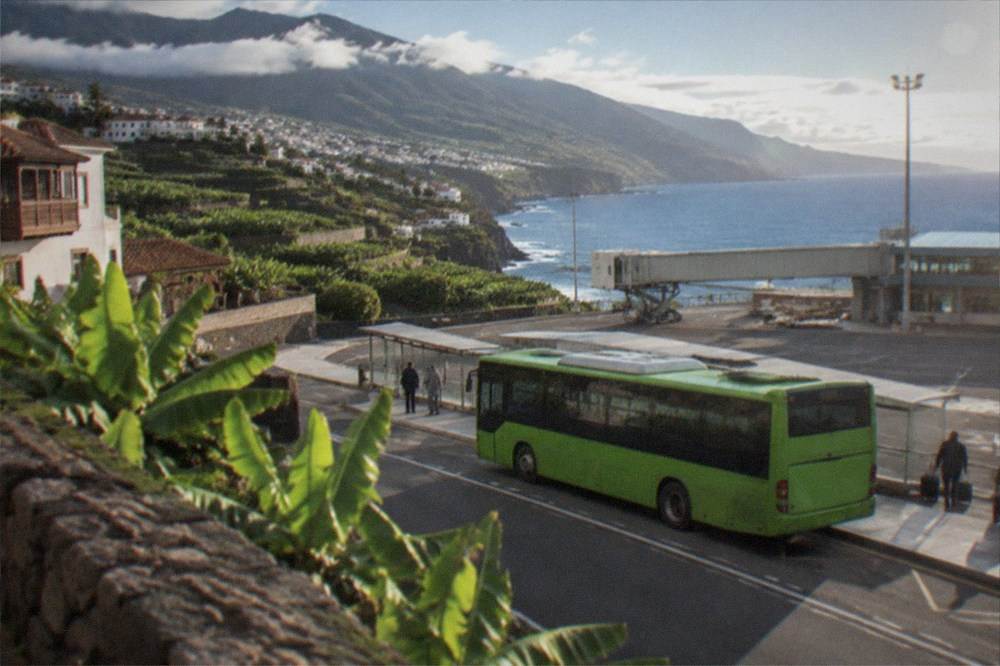 A green island bus at an airport stop on a bright morning