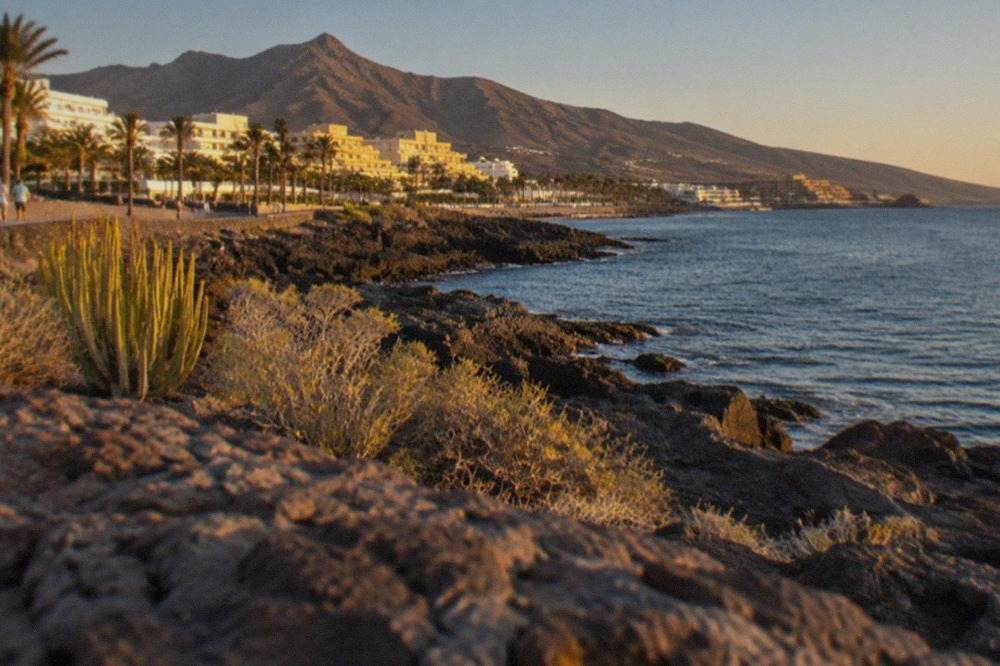 Sunlit volcanic coastline of Tenerife with calm blue sea in July