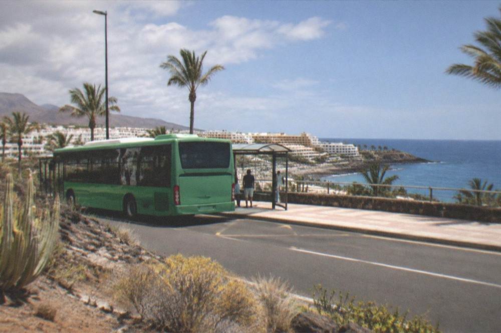 A green island bus at a stop on a sunny Tenerife road