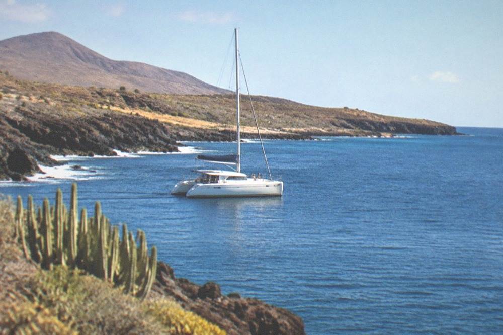 A catamaran on calm blue water near the Tenerife south coast