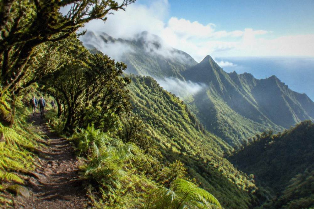 Clouds resting on the green Anaga hills in north Tenerife while the coastline below stays in sunshine