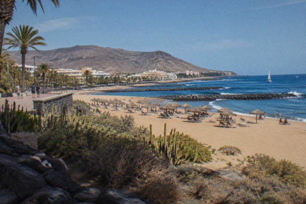 A calm beach at Playa de las Vistas under a clear blue sky with sun umbrellas on golden sand