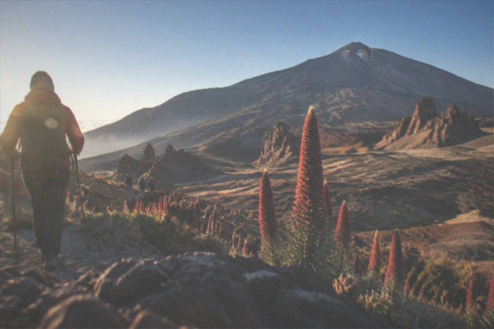 A hiker in warm clothing on a rocky volcanic trail high on Mount Teide under a deep blue sky
