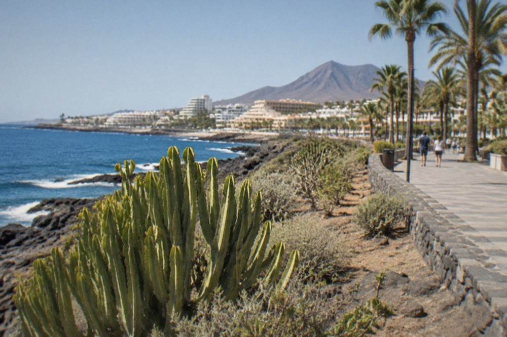 A coastal promenade at Playa de las Americas under a clear sky with palm trees