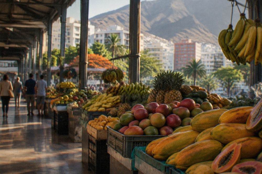 Stalls of fresh tropical fruit including bananas, mangoes and papayas at a Canarian market
