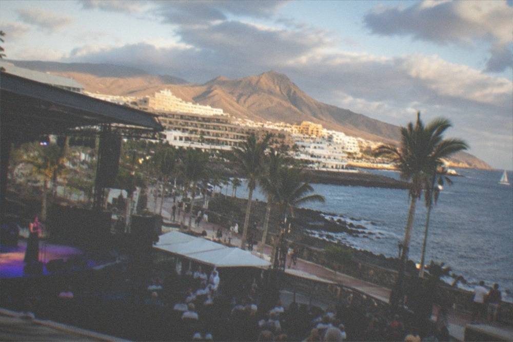 An outdoor evening performance area with stage lighting in Tenerife