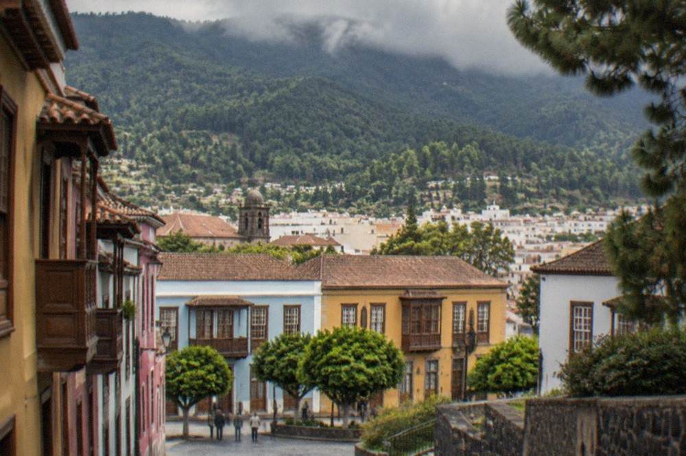 Green hills and pine forest near La Laguna under low trade-wind cloud