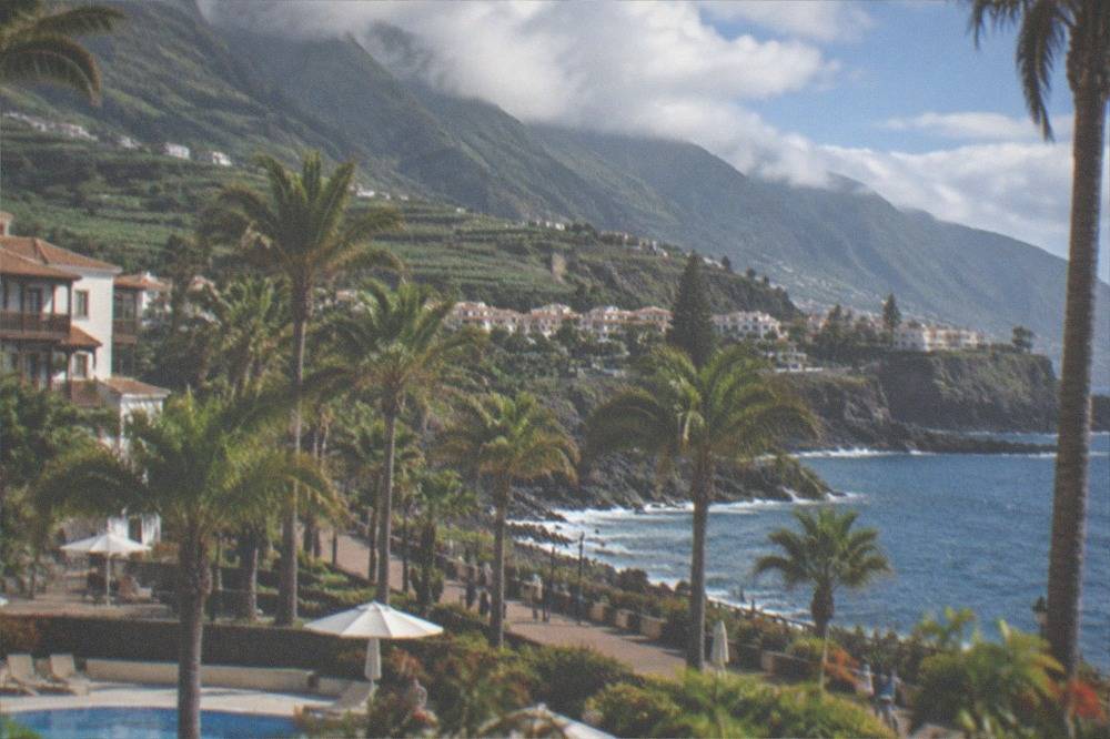 Palm-lined promenade beside hotel swimming pools in a southern Tenerife resort