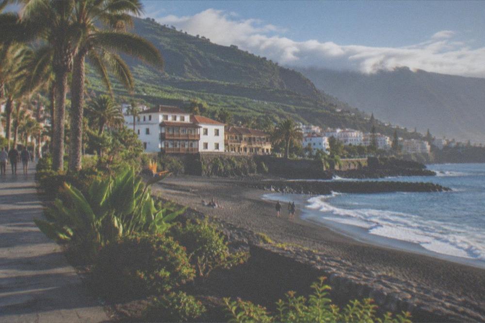 Black volcanic sand and tropical planting along a seafront promenade in Puerto de la Cruz