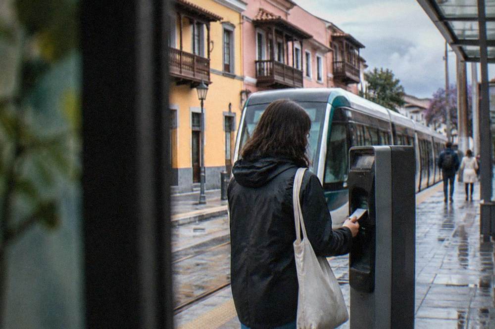 A passenger validating a ticket at a tram station machine
