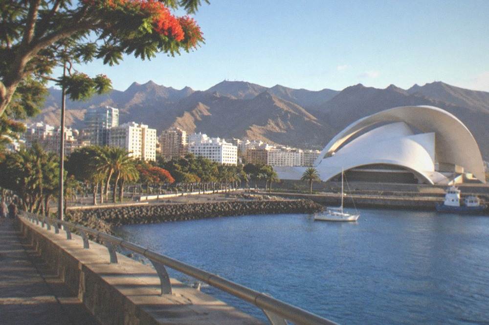 The white curved roof of the Auditorio de Tenerife beside the harbour