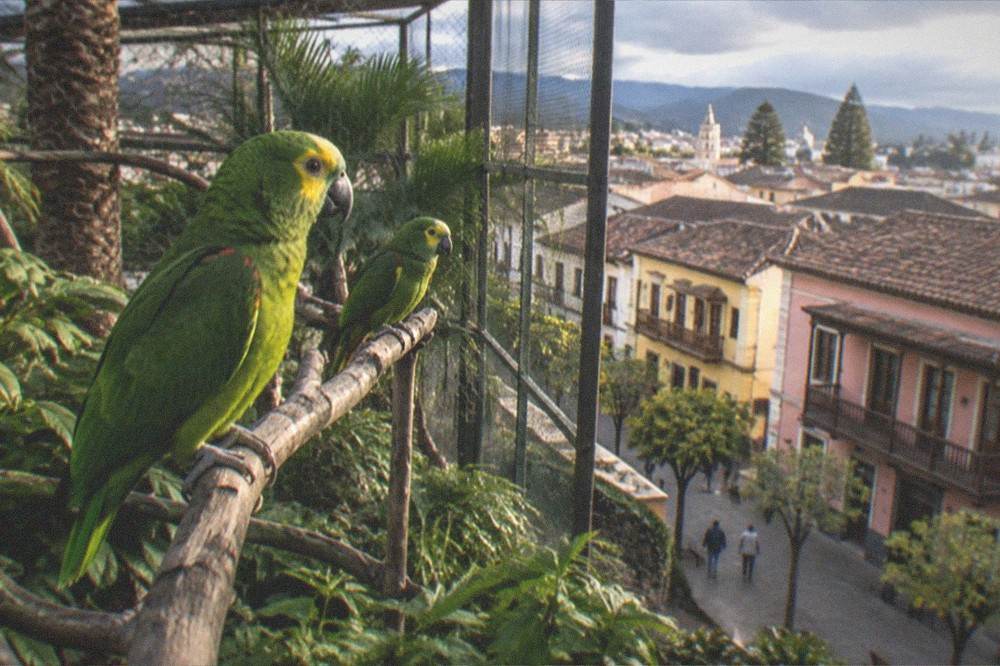 Green parrots on a perch inside an unbranded palm garden aviary