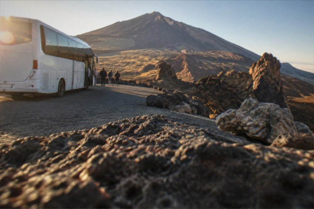 A white bus at an airport stop under a warm morning sky