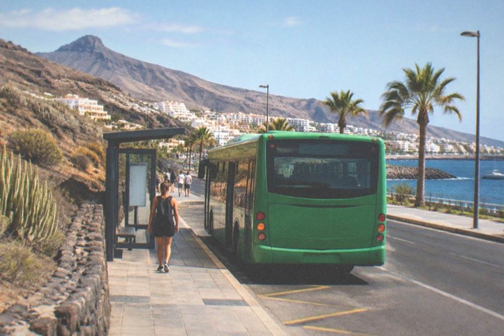 A green island bus at a stop on a coastal road in Tenerife