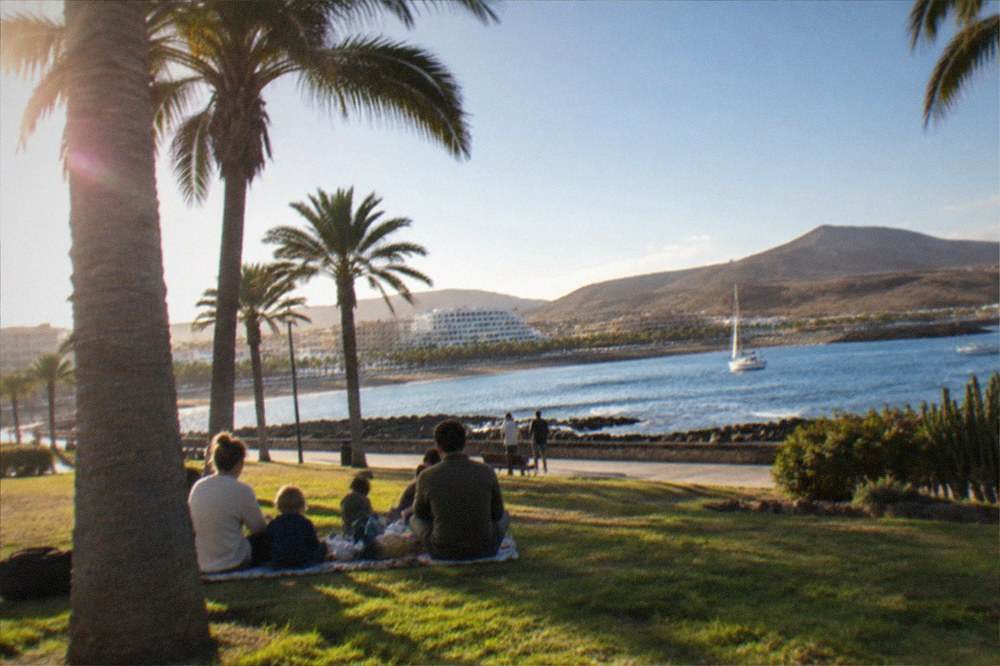 A family having a picnic on grass under palm trees on a warm winter day in Tenerife