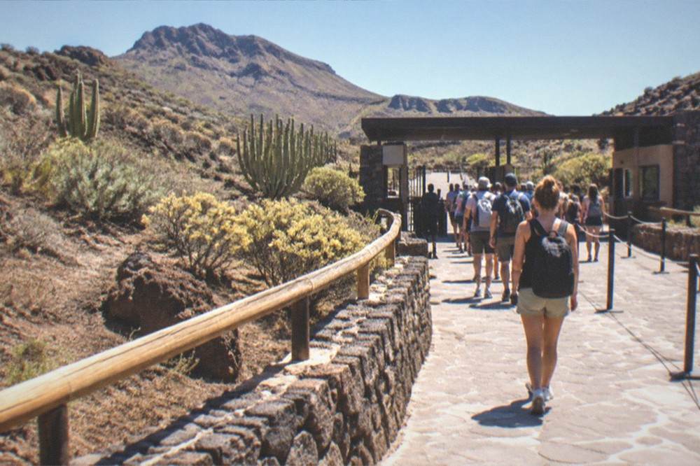 A queue of visitors at a park entrance gate in morning sunshine
