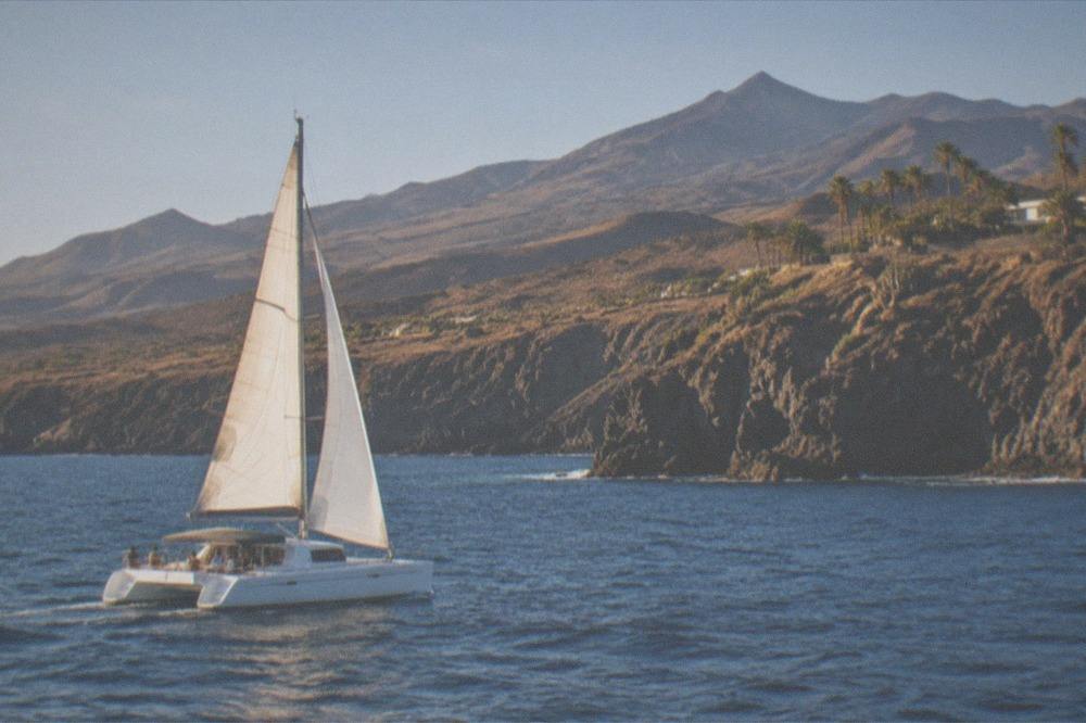 A catamaran sailing along a coastline with cliffs and palm trees