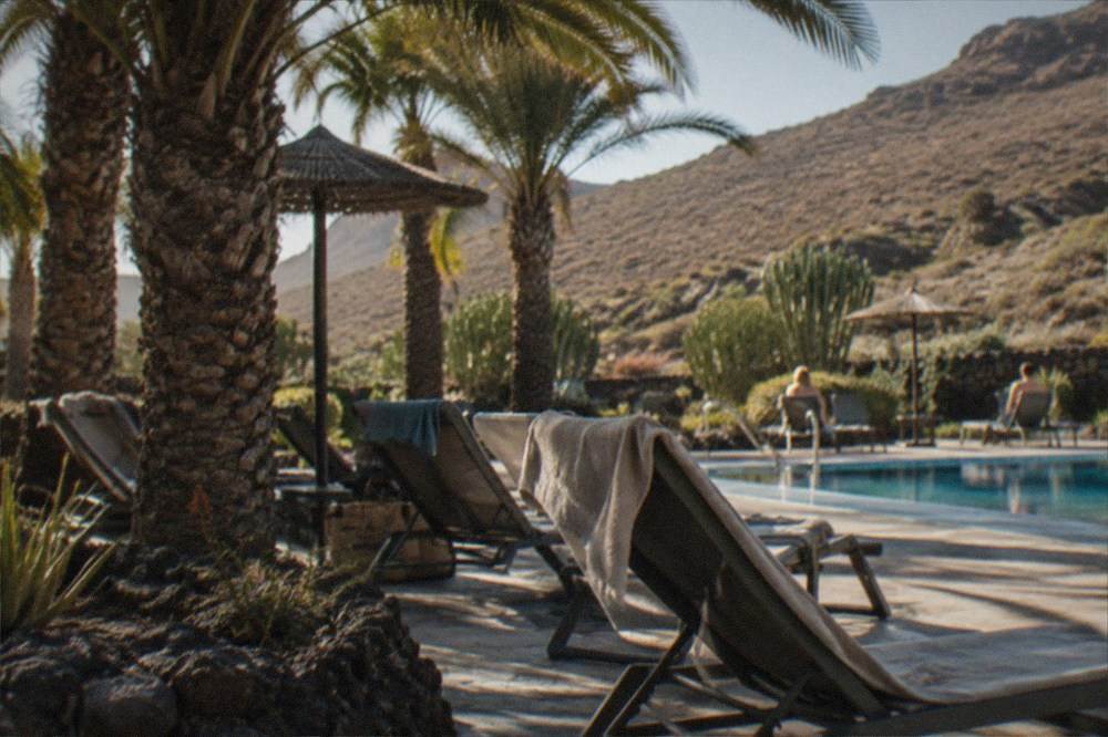 A shaded seating area with sunbeds under palm trees beside a pool