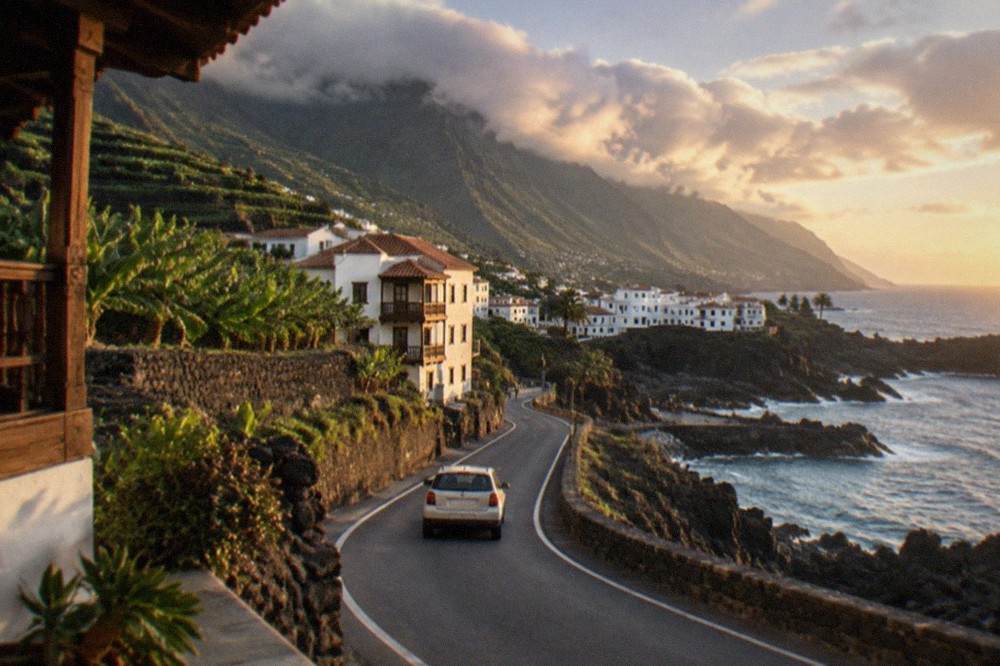 A coastal road winding between cliffs and the sea in western Tenerife
