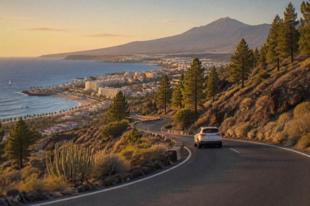 A winding mountain road climbing through pine forest towards Teide National Park