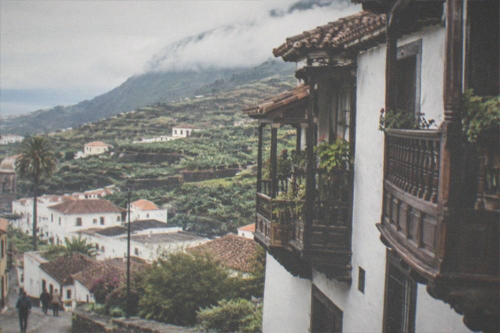 Traditional wooden balconies on a historic house in La Orotava